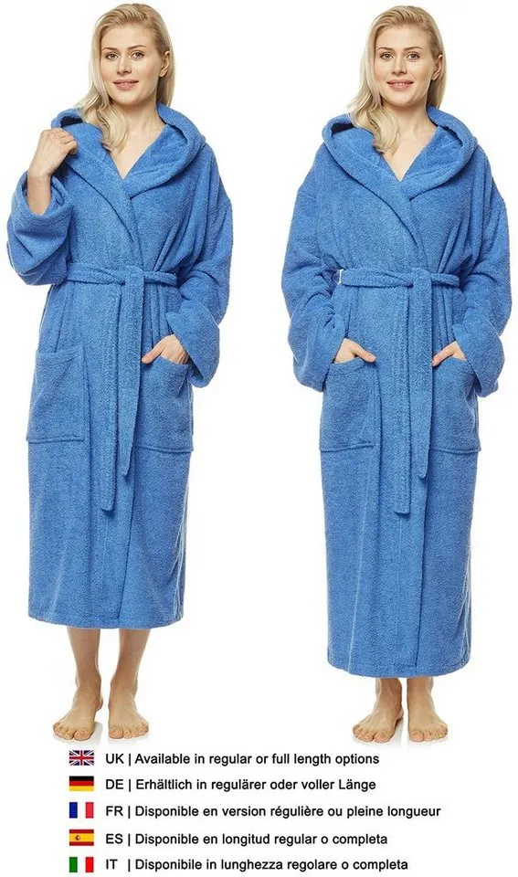 Arus Arus Damenbademantel Astra, pflegeleicht, wadenlang oder extralang für Spa & Sauna, 100% Baumwolle, Kapuze, Gürtel, mit Kapuze, wadenlang oder extra lang, 100% Baumwolle, Blau, – Produktbild 3 von 5