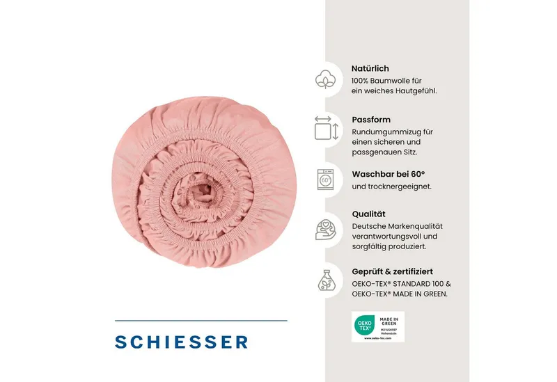 Schiesser Schiesser Spannbettlaken Jessi aus 100% Baumwolle, Jersey, Gummizug: rundum, (1 Stück), für Matratzen bis zu 22 cm Höhe, OEKO-TEX® MADE IN GREEN, Rosa, – Produktbild 3 von 5