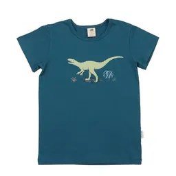 Walkiddy Kinder T-Shirt GOTS-zertifiziert aus Bio-Baumwolle, petrolblau mit laufendem Dinosaurier-Motiv, kurzarm – Walkiddy, weich & hautfreundlich – Produktbild 1 von 1