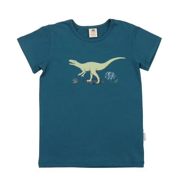 Walkiddy Kinder T-Shirt GOTS-zertifiziert aus Bio-Baumwolle, petrolblau mit laufendem Dinosaurier-Motiv, kurzarm – Walkiddy, weich & hautfreundlich, Blau, – Produktbild 1 von 3