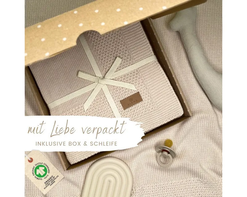 Babydecke DIKOS® Kuscheldecke Bordüre *100%* Bio Baumwolle, Geschenk zur Geburt, DIKOS, Strickdecke 75×100, Baby Erstausstattung Neugeborene, Babygeschenk, Beige, – Produktbild 2 von 5