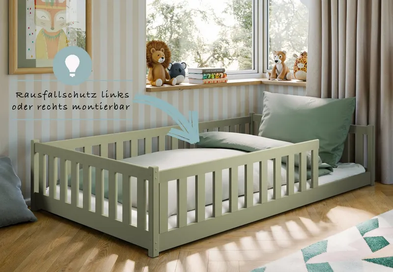 Kids Collective Kinderbett Bodenbett Bett mit Rausfallschutz & Lattenrost Montessori Bett Kinder (Jungen, Mädchen, Kinder, weitere Größen 80x160, 80x180, 90x190, 90x200, 140x200 cm), Jugendbett Gitterbett Einzelbett, Olivgrün Kiefer 120x200 cm, Grün, – Produktbild 5 von 5