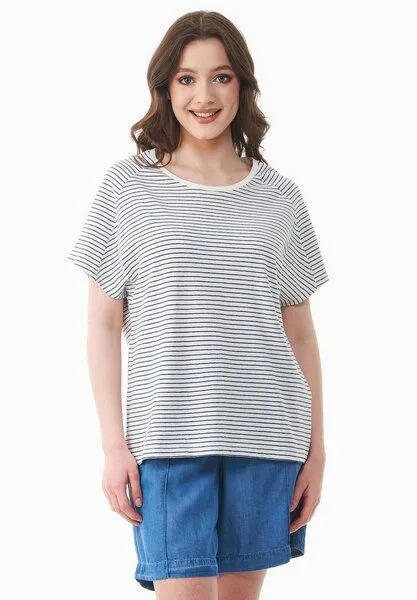 ORGANICATION ORGANICATION Gestreiftes T-Shirt aus Bio-Baumwolle und Leinen, Off white/navy, – Produktbild 1 von 4