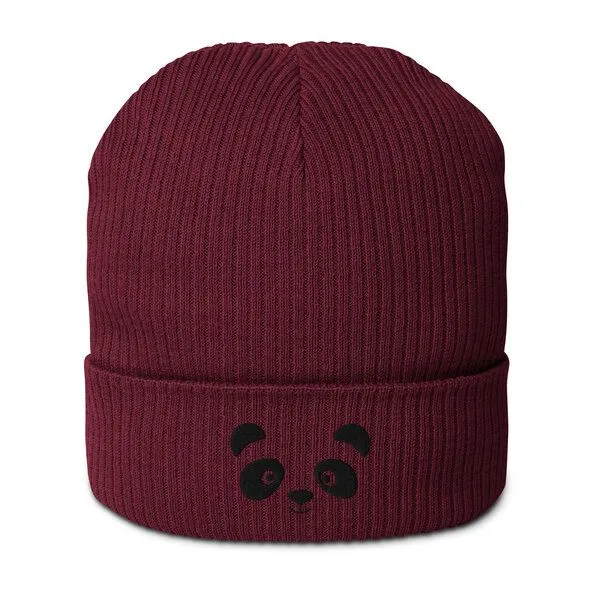 PepMelon Gesticktes Panda-Gesicht, gerippte Mütze aus Bio-Baumwolle, Burgundy (rot), – Produktbild 1 von 5