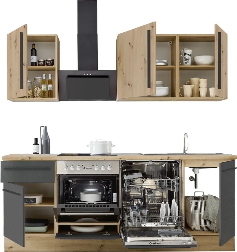 KOCHSTATION Küchenzeile Florida mit 38mm starker Arbeitsplatte, Breite 220 cm, wahlweise mit E-Geräten, Soft-Close-Funktion, Schwarz, – Produktbild 5 von 5