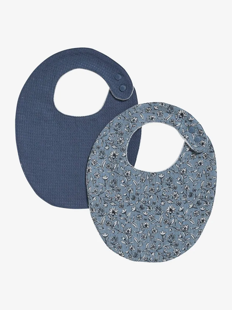 Vertbaudet 2er-Pack Baby Lätzchen aus Musselin/Waffelpikee, Blau indien blume, – Produktbild 1 von 3