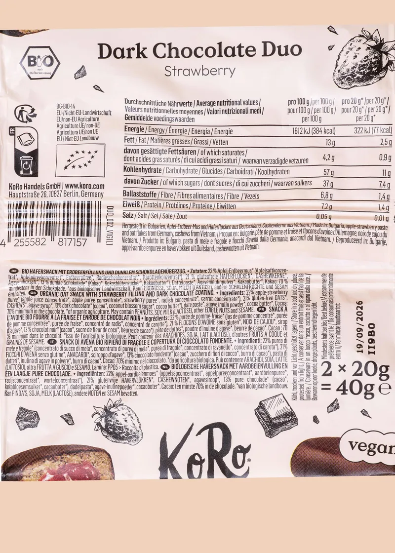 KoRo Bio Dark Chocolate Duo Strawberry | 2 x 20 g – Produktbild 5 von 5