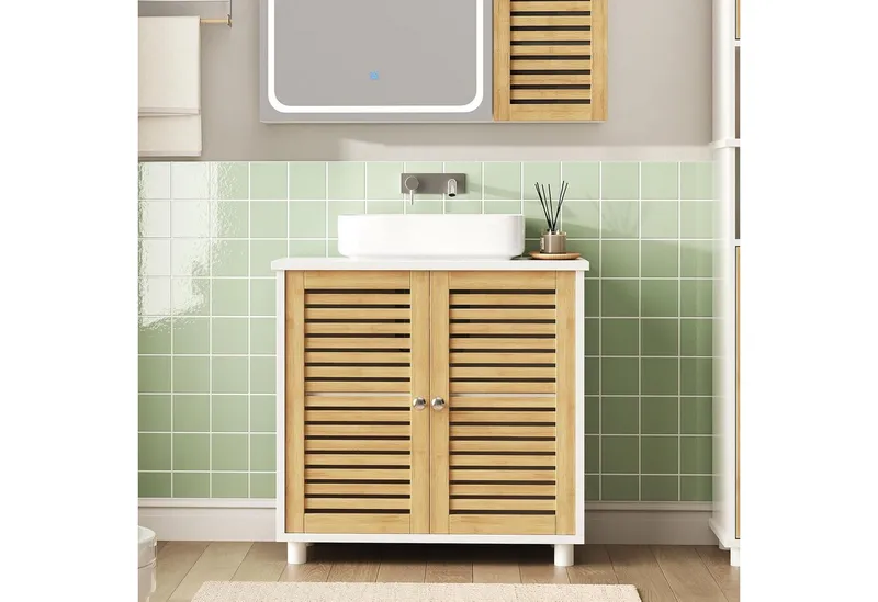 MSMASK Waschbeckenunterschrank Badezimmerschrank mit 2 Türen, Große Schublade, 30 x 60 x 65 cm, Weiß Offene Fächer an Einer Seite, Rechts Oder Links Austauschbar, Beige, – Produktbild 2 von 5