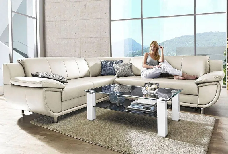 TRENDMANUFAKTUR Ecksofa Rondo 267 cm, elegant, bequem, Breite, L-Form, Chromfüße, L-Form, wahlw.mit Federkern, Füße chromfarben, Unser Dauertiefpreis, Weiß, – Produktbild 5 von 5