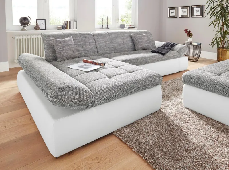DOMO collection Ecksofa PB MORIC wahlweise mit Bettfunktion + Armteilverstellung, L-Form, im XXL-Format, B/T/H:300/172/80 cm, feine Steppung, Grau|weiß, – Produktbild 2 von 4