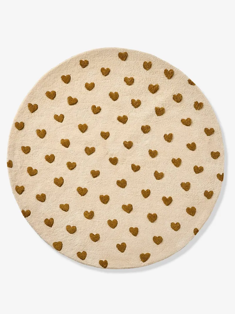 Vertbaudet Runder Kinderzimmer Teppich GOLDHERZ, Wollweiß/herzen goldbraun, – Produktbild 2 von 3