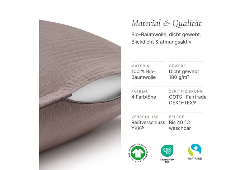 Seralino Kissenbezüge 2er Set aus Musselin (100% Bio Baumwolle) blickdicht, weich, (2 Stück), besonders weich, bügelfrei, formstabil, verdeckter Reißverschluss, Grau, – Produktbild 5 von 5