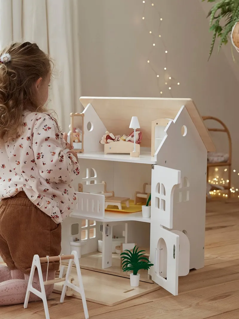 Vertbaudet Puppenhaus mit Zubehör aus Holz FSC®, Braun/weiß, – Produktbild 1 von 4
