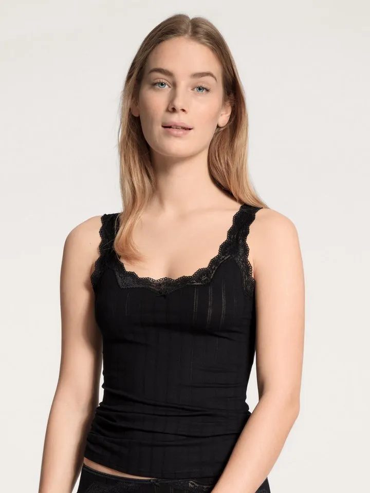 CALIDA CALIDA Trägertop Etude Toujours zarte Spitze, Nadelstreifen-Design, Cotton-Mix, elastisch, Schwarz, – Produktbild 4 von 5