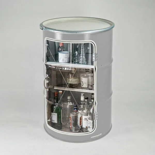 Lockengelöt Lockengelöt Hausbar Vitrine aus einem Hamburger Ölfass, Grau (gepulvert), – Produktbild 2 von 3