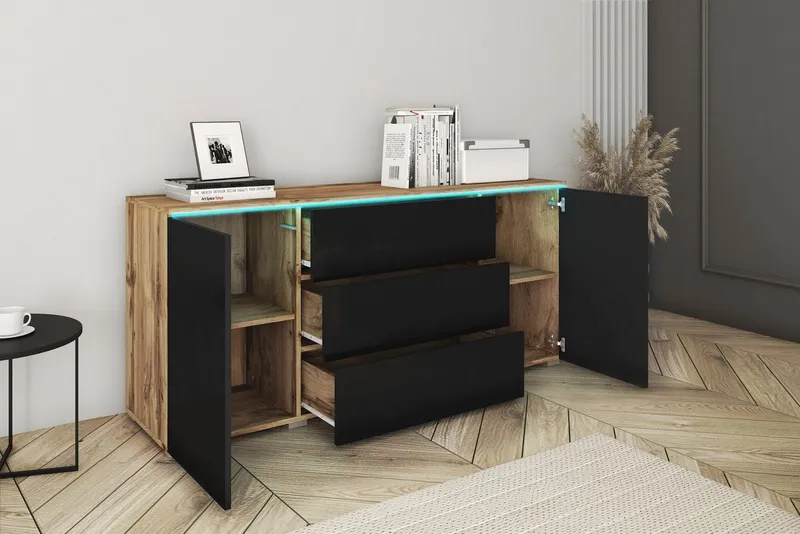 Home affaire Sideboard VERA, grifflos, verstellbare Einlegeböden, Wahlweise mit oder ohne Beleuchtung, Braun|schwarz, – Produktbild 4 von 5