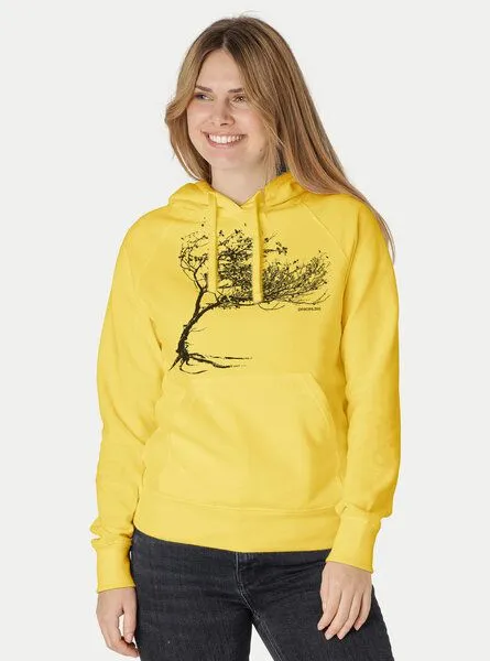 Peaces.bio - handbedruckte Biomode Peaces.bio - handbedruckte Biomode Bio-Damen-Kapuzensweater "Windytree", Gelb, – Produktbild 1 von 3