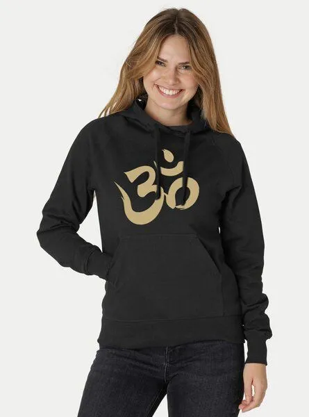 Peaces.bio - handbedruckte Biomode Peaces.bio - handbedruckte Biomode Bio-Damen-Kapuzensweater Om, Schwarz, – Produktbild 2 von 2