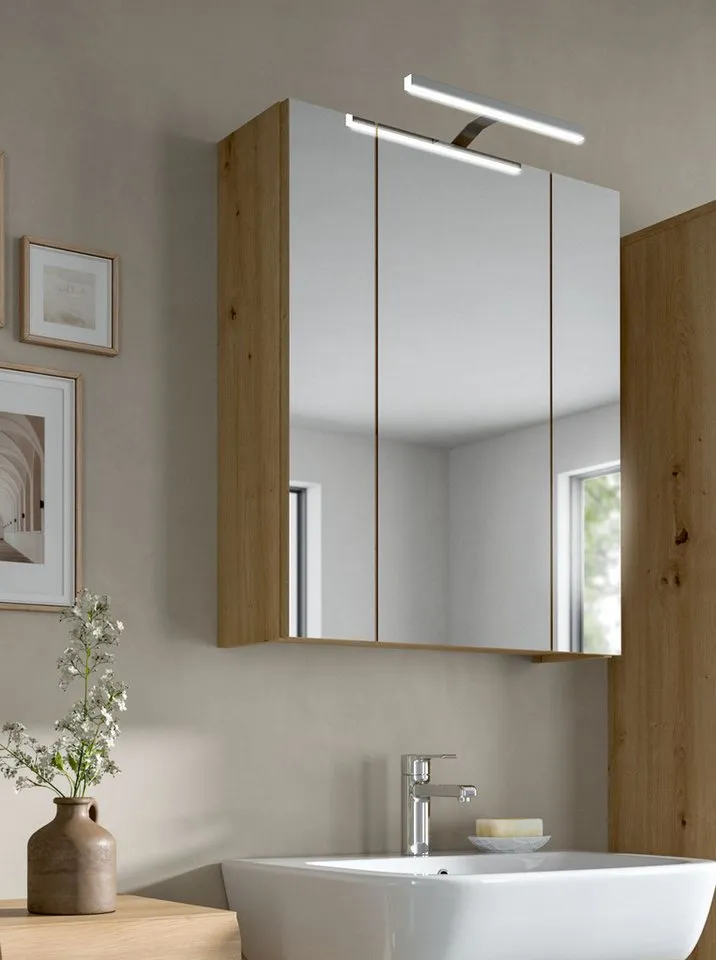 Inn.Furn Badezimmerspiegelschrank Cover (Badschrank in Artisan Eiche, 3-türig / 3D, 60 x 70 cm) mit 9 Fächern, Beige, – Produktbild 1 von 5