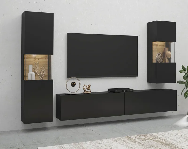 Home affaire Wohnwand Ava, Wohnzimmer-Set hängend/stehend montierbar, Vitrine, Lowboard, 3-tlg., Schwarz, – Produktbild 2 von 4