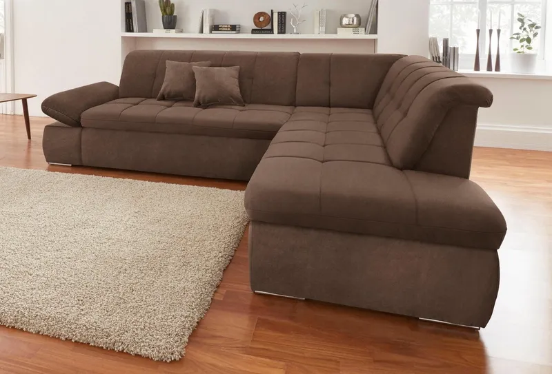 DOMO collection Ecksofa NMORIC inkl. Zierkissen 273x216x80 cm L-Form, Ottomanen-Abschluss, wahlweise mit Bettfunktion und Armlehnverstellung, Braun, – Produktbild 6 von 8