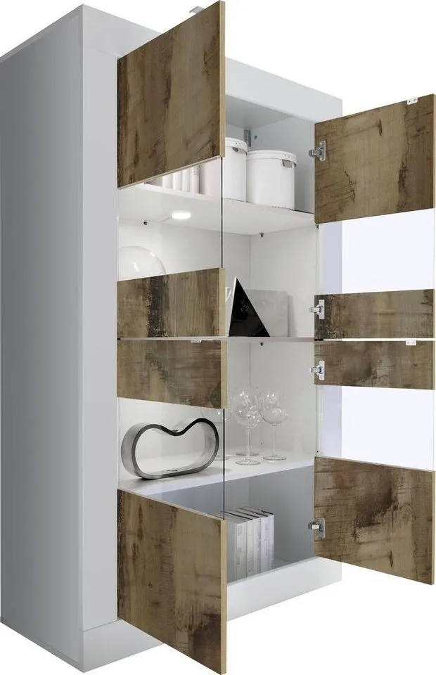 Home affaire Vitrine Basic Höhe 162 cm, Standvitrine mit 4 Türen - Metallgriffe, Stauraumvitrine in moderner Rahmenoptik, Hochschrank, Anrichte, Weiß, – Produktbild 6 von 8