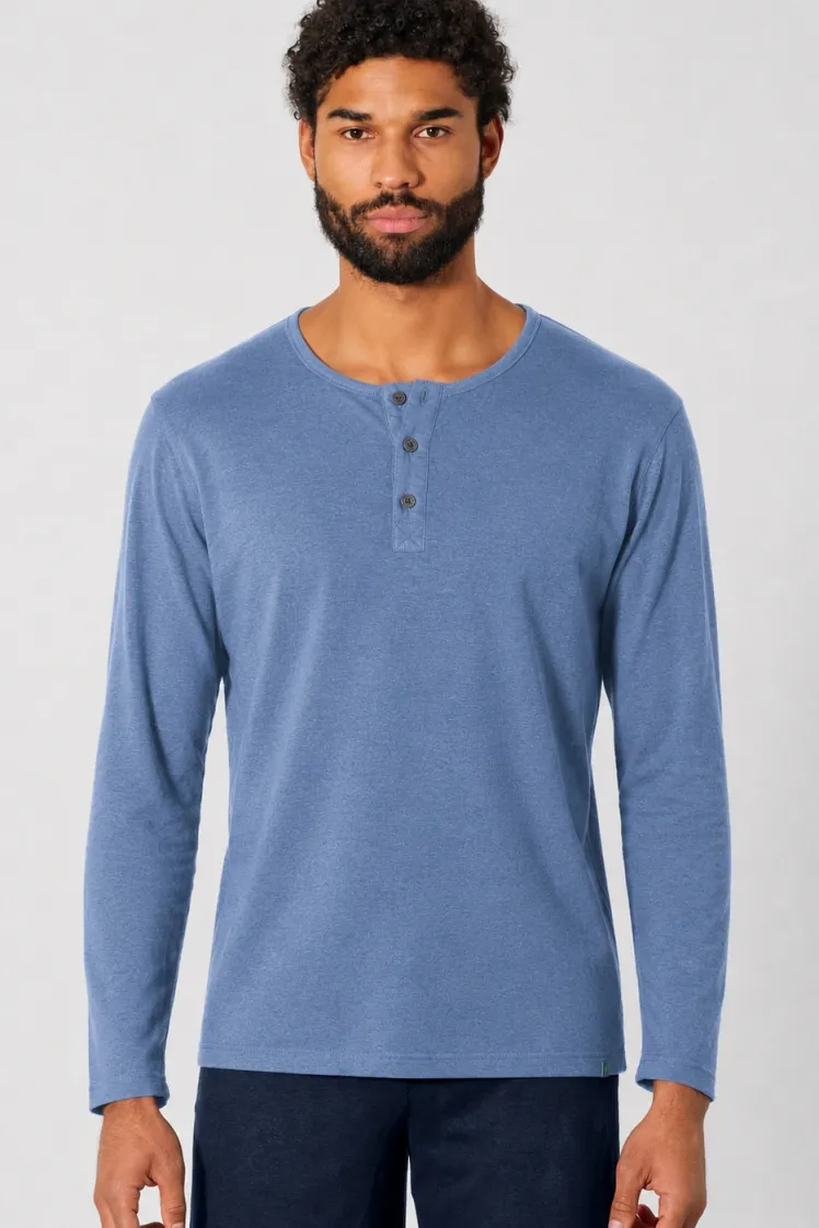 HempAge Hempage Herren vegan Langarm-Henley Aus Gebürstetem Stoff In Der Farbe Blueberry, Blau, – Produktbild 2 von 2