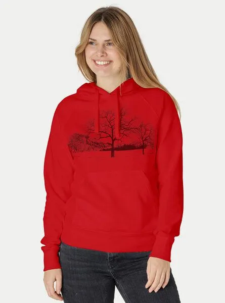 Peaces.bio - handbedruckte Biomode Peaces.bio - handbedruckte Biomode Damen Hoodie Landscape, Rot, – Produktbild 2 von 2