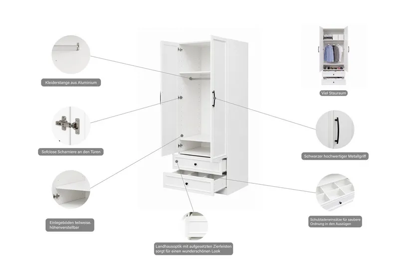 OTTO home Kleiderschrank Arrian, weiß, 80 cm, 2 Türen, 2 Schubladen (Drehtürenschrank im Landhausstil, FSC Zertifiziert) EXTRA VIEL PLATZ FÜR IHRE GARDEROBE – Produktbild 3 von 5