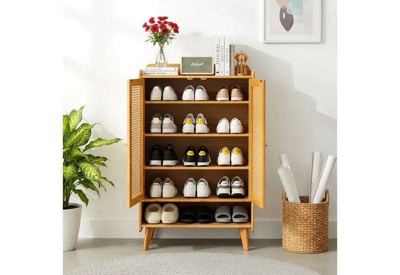 Estiliza Schuhschrank aus Holz mit Rattantüren, 5 Ebenen Bambus Regal (1-St), Beige, – Produktbild 4 von 5