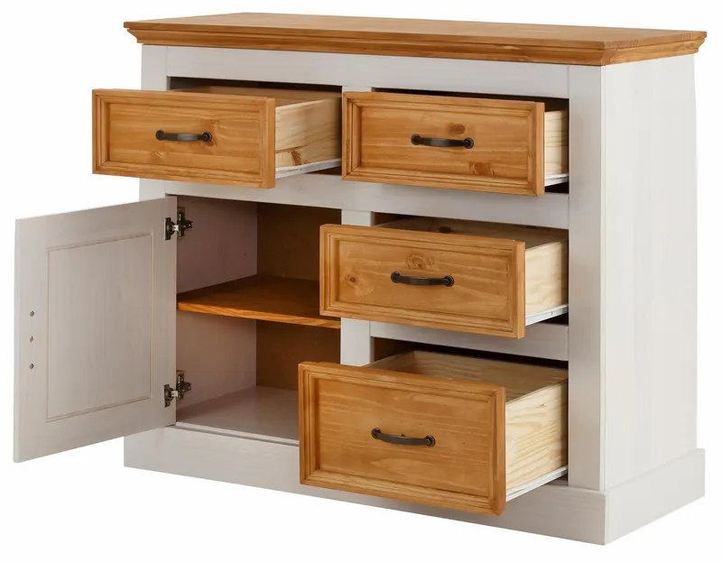 OTTO home Sideboard Selma Kommode mit 1 Tür, 3 Schubläden und 2 Fächer, Metallgriffe, aus massivem Kiefernholz, natürlichen Maserung, Breite/Höhe 100/87 cm, Weiß, – Produktbild 5 von 5