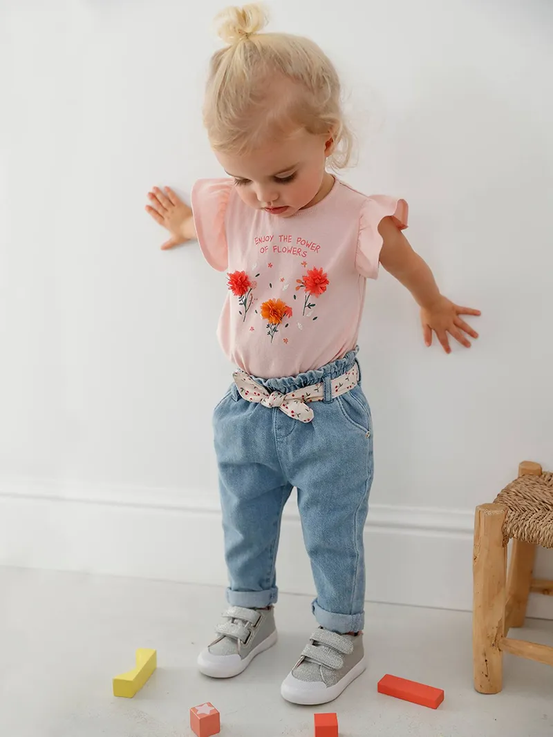Vertbaudet Mädchen Baby Jeans mit Stoffgürtel, Double stone, – Produktbild 1 von 4