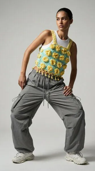 KnitToChange KnitToChange Handgehäkeltes Crop-Top mit 3D-Blüten in Mint & Gelb – Produktbild 2 von 4