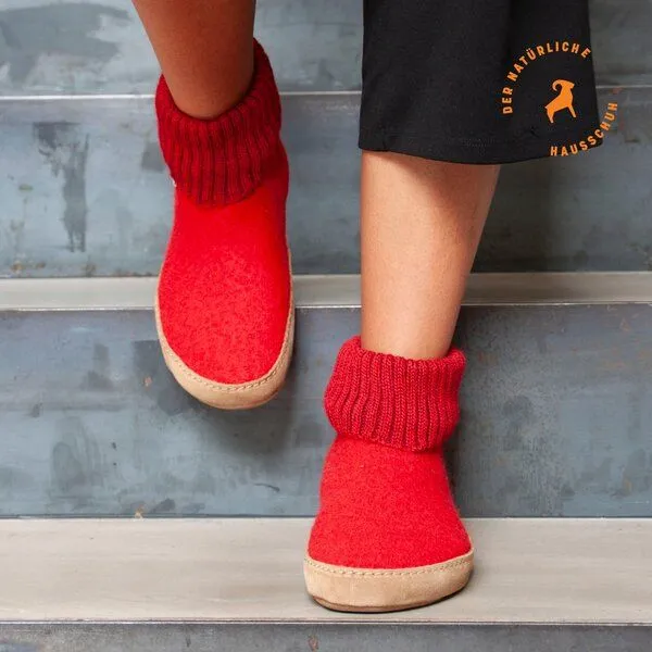 Gottstein Gottstein Hüttenschuh Dakota - Hoher Filzhausschuh für Damen & Herren aus 100% Schurwolle mit extra bequemer Ledersohle & elastischem Strickbund, Mittel-rot, – Produktbild 2 von 4