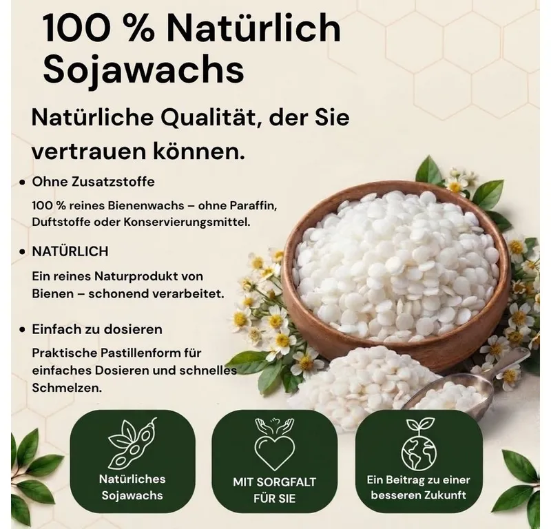 Montegoni Duftkerze 100% natürliches Sojawachs für Kerzen (ohne Zusatzstoffe Premium, 1-tlg., Kerzenwachs für die Kerzenherstellung aus biologischem Anbau), Rein natürlich Sojawachsfloken – Produktbild 3 von 5