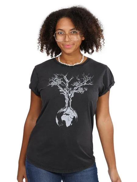 Life-Tree Life-Tree Organic Fairwear Shirt Women Washed Black Weltenbaum, Blau, – Produktbild 2 von 4