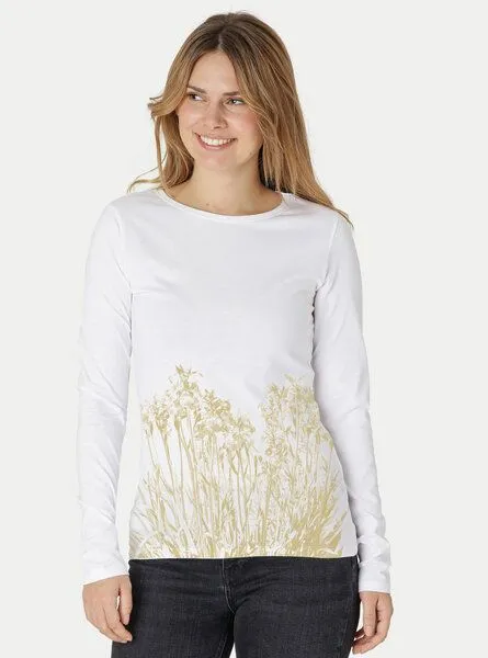 Peaces.bio - handbedruckte Biomode Peaces.bio - handbedruckte Biomode Langarmshirt Damen Mystic Iris, Weiss, – Produktbild 2 von 3