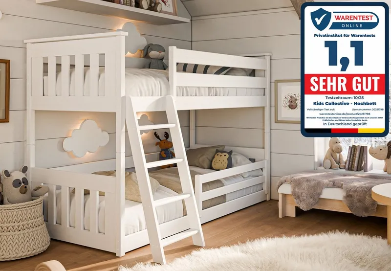 Kids Collective Etagenbett Hochbett Stockbett Kinderbett 90x200 cm Rausfallschutz & Lattenrost, Bett für Mädchen & Jungen 90x200 cm massives Kiefernholz, Weiß, – Produktbild 2 von 5