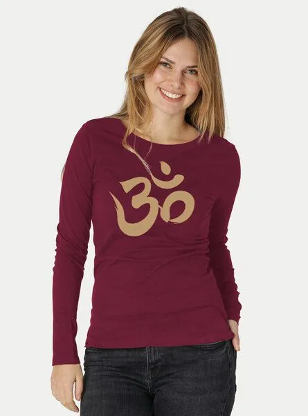 Peaces.bio - handbedruckte Biomode Peaces.bio - handbedruckte Biomode Bio-Damen-Langarmshirt "OM", Bordeaux, – Produktbild 2 von 3