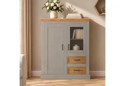 OTTO home Highboard Selma Vitrine mit 2 Türen, eine davon mit Glaseinsatz und 2 Schubläden, aus massivem Kiefernholz, mit einer natürliche Maserung, Metallgriffe – Produktbild 1 von 1