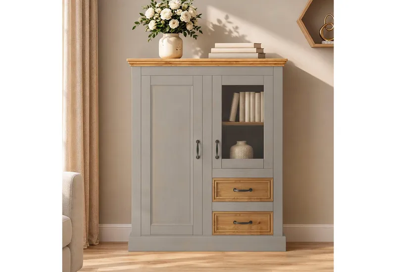 OTTO home Highboard Selma Vitrine mit 2 Türen, eine davon mit Glaseinsatz und 2 Schubläden, aus massivem Kiefernholz, mit einer natürliche Maserung, Metallgriffe, Grau, – Produktbild 1 von 5