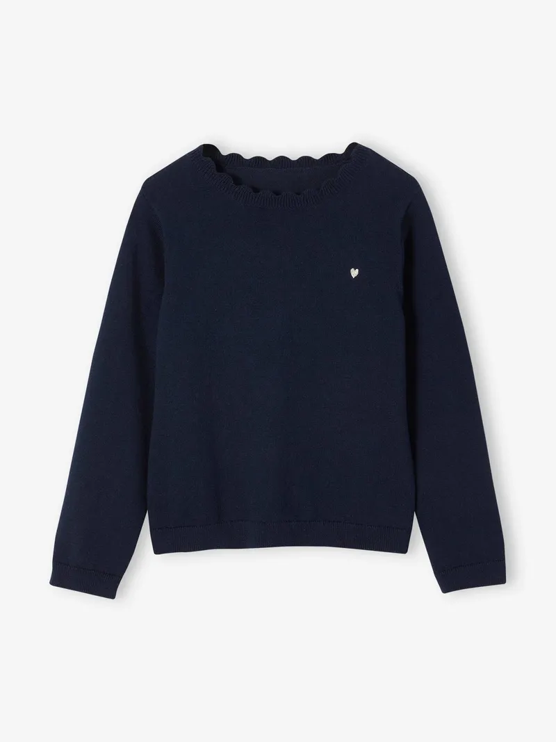 Vertbaudet Mädchen Pullover mit Herz-Stickerei & Wellenausschnitt BASIC, Marine, – Produktbild 2 von 2