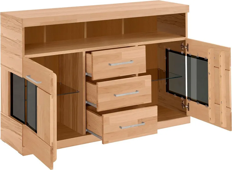 OTTO home Sideboard Ribe,125cm breit, Fronten Massivholz,5 Fächer,Böden versetzbar, Korpus Holzwerkstoff,Türen mit Glaseinsatz,3 Schubladen,Metallgriffe, Braun, – Produktbild 3 von 5