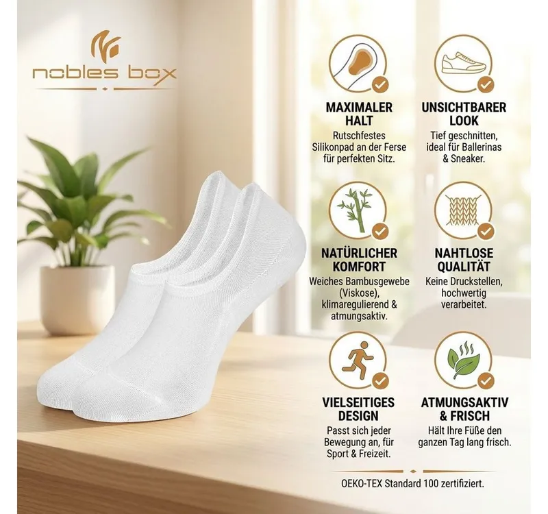 NoblesBox Kurzsocken Bambus Füßlinge Socken - No Show Socken - Unsichtbar & Rutschfest (Box, 6-Paar) Anti-Rutsch, Weiß, – Produktbild 5 von 5