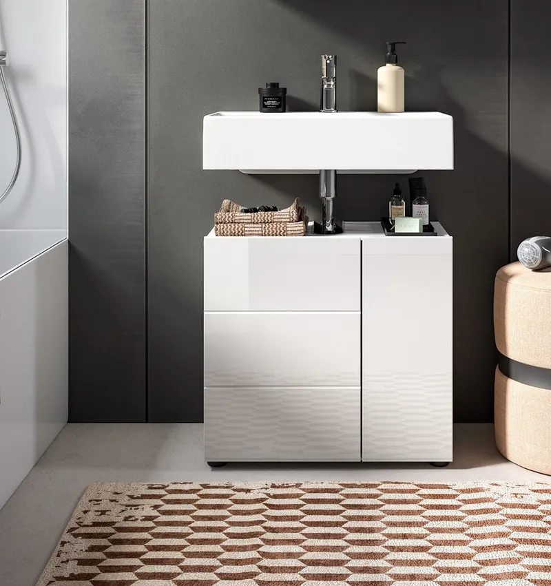 Inn.Furn Waschbeckenunterschrank Larik (Badschrank in weiß Hochglanz, 2-türig, 60 x 56 cm) mit Stauraum, Weiß, – Produktbild 5 von 5