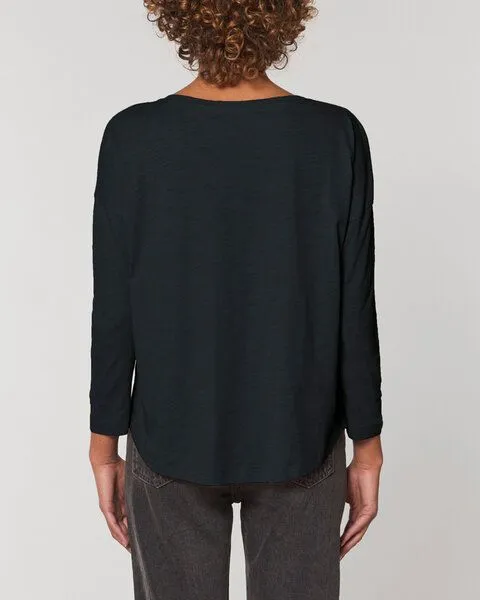 Human Family Human Family Damen Longsleeve aus Slub Garn - "Wave - Teach Peace", Schwarz, – Produktbild 3 von 4