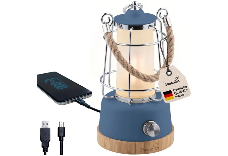 Skandika LED Gartenleuchte Campinglampe Kiruna aufladbar mit Powerbank 5000 mAh, USB, Retro Outdoor Lampe, stufenlos dimmbar, kabellos, 75h Leuchtzeit, Akku, Blau, – Produktbild 1 von 5