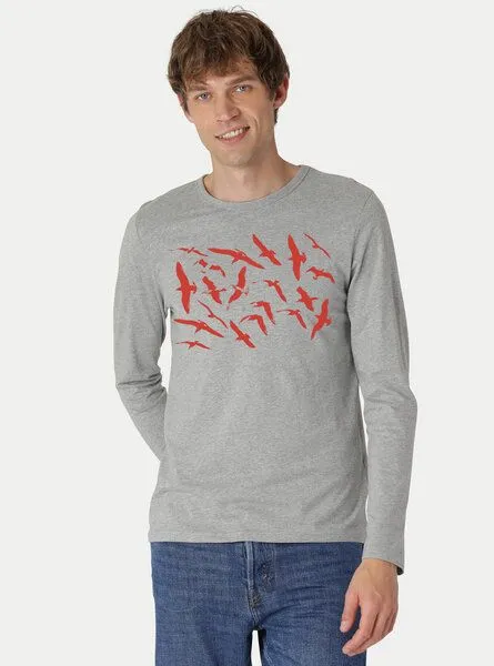 Peaces.bio - handbedruckte Biomode Peaces.bio - handbedruckte Biomode Bio-Herren-Langarmshirt Möwen, Hellgrau, – Produktbild 2 von 2