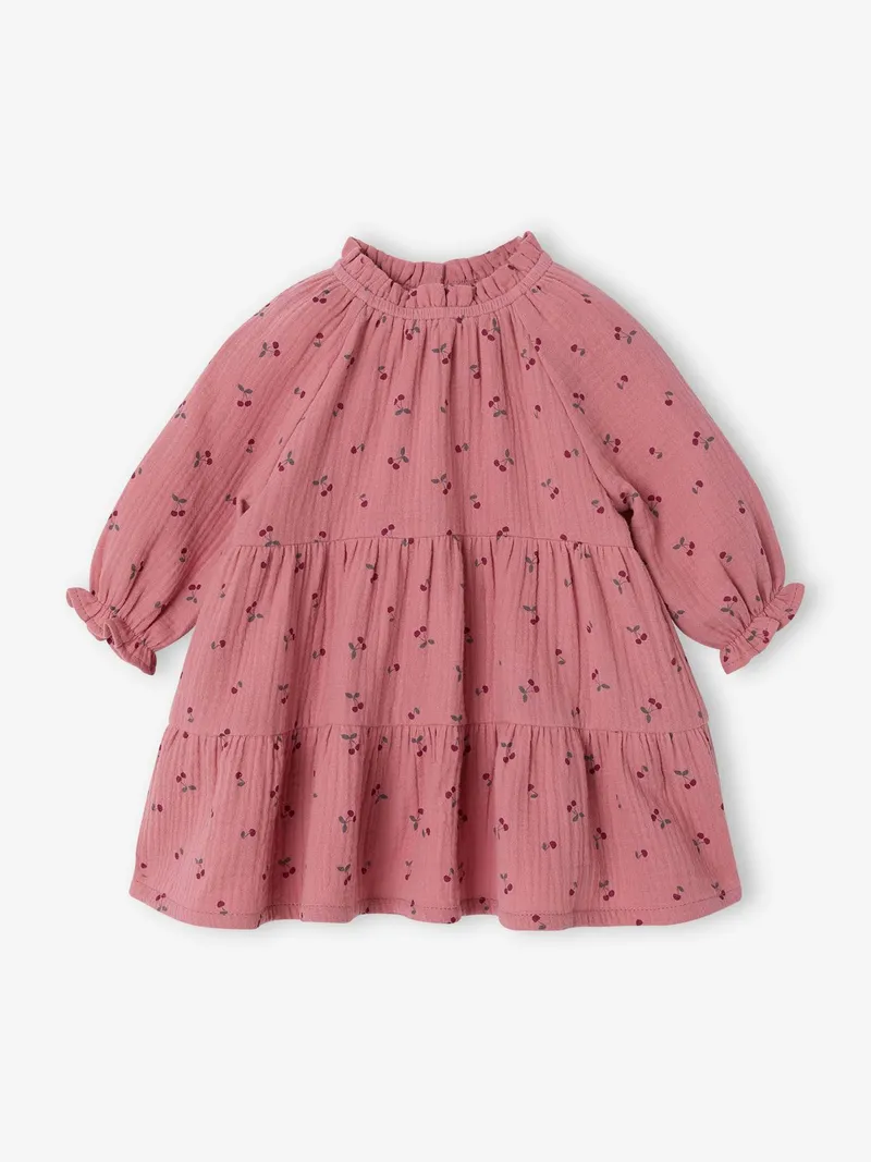 Vertbaudet Vertbaudet Mädchen Baby Volantkleid aus Baumwollmusselin, Rosa, – Produktbild 1 von 4