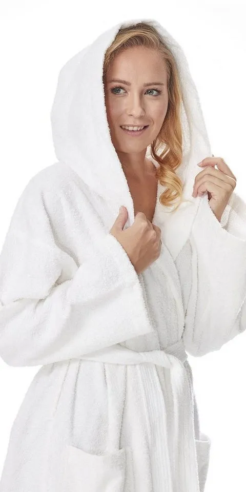 Arus Arus Damenbademantel Astra, pflegeleicht, wadenlang oder extralang für Spa & Sauna, 100% Baumwolle, Kapuze, Gürtel, mit Kapuze, wadenlang oder extra lang, 100% Baumwolle, Weiß, – Produktbild 5 von 5